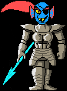 a pixel art of a knight with a blue face