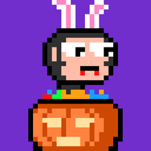 a pixel art of a monkey wearing bunny ears sitting in a pumpkin