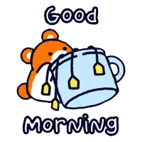 a cartoon of a teddy bear holding a cup of tea and the words good morning