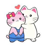 a white cat and a pink cat are standing next to each other with a heart above them