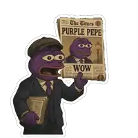 purple pepe is holding up a newspaper that says wow