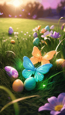 a painting of butterflies and easter eggs in a grassy field