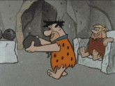 a cartoon of a cave with two vases and a man