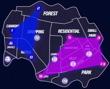 a map of a city shows the areas of cannons residential shopping and small park