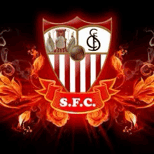 a logo for s.f.c. is on a red background