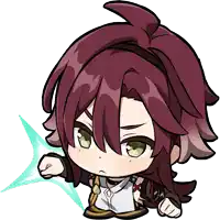 a cartoon character with purple hair and green eyes holds his fist up