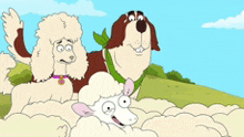 three cartoon dogs are standing next to a sheep in a field