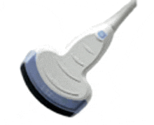 a white and blue ultrasound probe with a button on it on a white background .