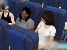 a computer generated image of people on an airplane with the name tayomaki on the bottom