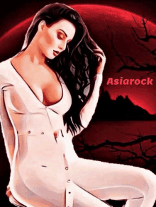 a painting of a woman in a white bodysuit with the words asiarock on the bottom