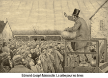 a drawing of a man holding a pumpkin with the caption edmond-joseph massicotte la criee pour les âmes