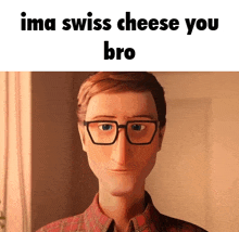 a cartoon man wearing glasses and a plaid shirt is talking about swiss cheese .