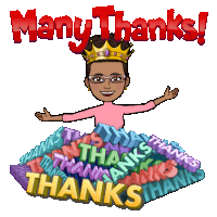 a cartoon girl with a crown on her head is surrounded by a pile of thanks