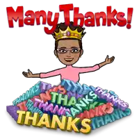 a cartoon girl with a crown on her head is surrounded by a pile of thanks