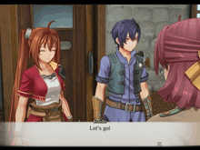 a video game character says let 's go while talking to another character