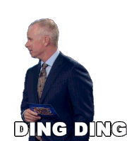 a man in a suit and tie is holding a ding ding sign