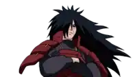 a cartoon drawing of a man with long black hair and red armor