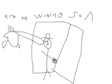 a child 's drawing of a man in a top hat with the words " are ya winning son "