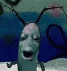 a cartoon character from spongebob squarepants is standing in the water with his eyes closed .