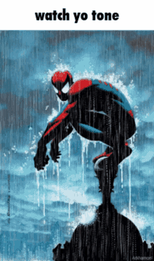 a poster of a spiderman standing in the rain