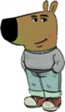 a cartoon dog is wearing a sweater and jeans and is standing with his hands in his pockets .