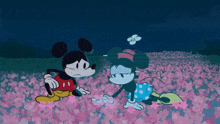 mickey mouse and minnie mouse are standing in a field of flowers