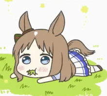 a cartoon girl is laying on the ground with a horse .
