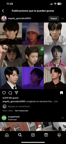 a phone screen shows a collage of photos of jungkook and angela gonzalez0902