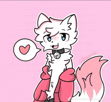 a drawing of a white and pink furry animal with a speech bubble and a heart .