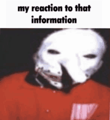 a person wearing a white mask and a red shirt with the words `` my reaction to that information '' on it .