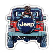a sticker of a jeep with a dog on the back tire