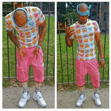 two pictures of a man wearing a shirt with smiley faces on it and pink shorts