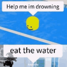 a yellow smiley face is floating in the water next to a white speech bubble .