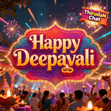a sign that says happy deepavali with people holding candles