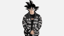 goku from dragon ball z is wearing a supreme jacket and a supreme shirt .