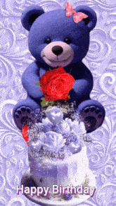 a blue teddy bear is sitting on top of a purple cake with the words happy birthday below it