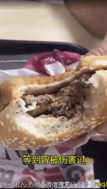 a person is holding a hamburger with chinese writing on the bottom