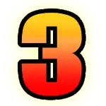 a red and yellow number three with a black outline on a white background .