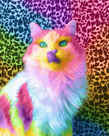 a painting of a colorful cat with a leopard print background