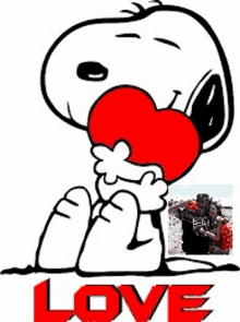 a cartoon of snoopy holding a red heart with the word love underneath it