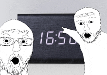 a black and white drawing of two men pointing at a digital clock that says 16:50