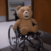 a teddy bear sits in a wheelchair in a hospital