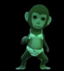 a green monkey wearing a bikini top and underwear is dancing .