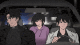 a group of anime characters are sitting in a car with one of them driving