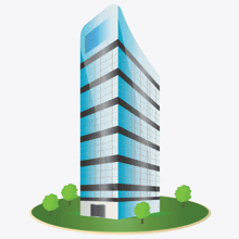 a cartoon illustration of a tall building with trees in front of it