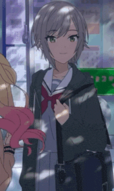 a girl with gray hair and green eyes is wearing a school uniform and carrying a bag