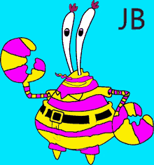 a cartoon of a crab with a pink and yellow striped shirt and pants