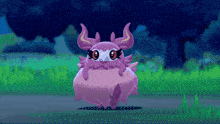 a pink cartoon character with horns and red eyes stands in a field