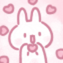 a pink bunny with hearts around it is holding a heart in its mouth .