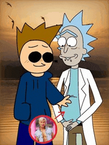 two cartoon characters , rick and morty , are standing next to each other on a beach .